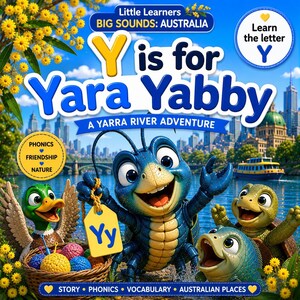 Op de afbeelding: Kinderboekcover "Y is for Yara Yabby: A Yarra River Adventure". De afbeelding toont stripfiguren, waaronder een blauwe yabby met een "Yy"-label, een eend en schildpadden. De achtergrond toont een rivierlandschap met skyline.