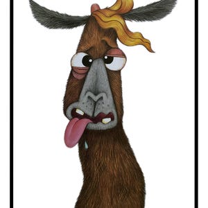 Pode incluir: Ilustra&ccedil;&atilde;o fantasiosa de uma criatura marrom com um rosto comprido, olhos grandes e uma l&iacute;ngua rosa pendurada. A criatura tem orelhas escuras, um nariz cinza e um tufo de cabelo amarelo. A imagem &eacute; emoldurada em preto.