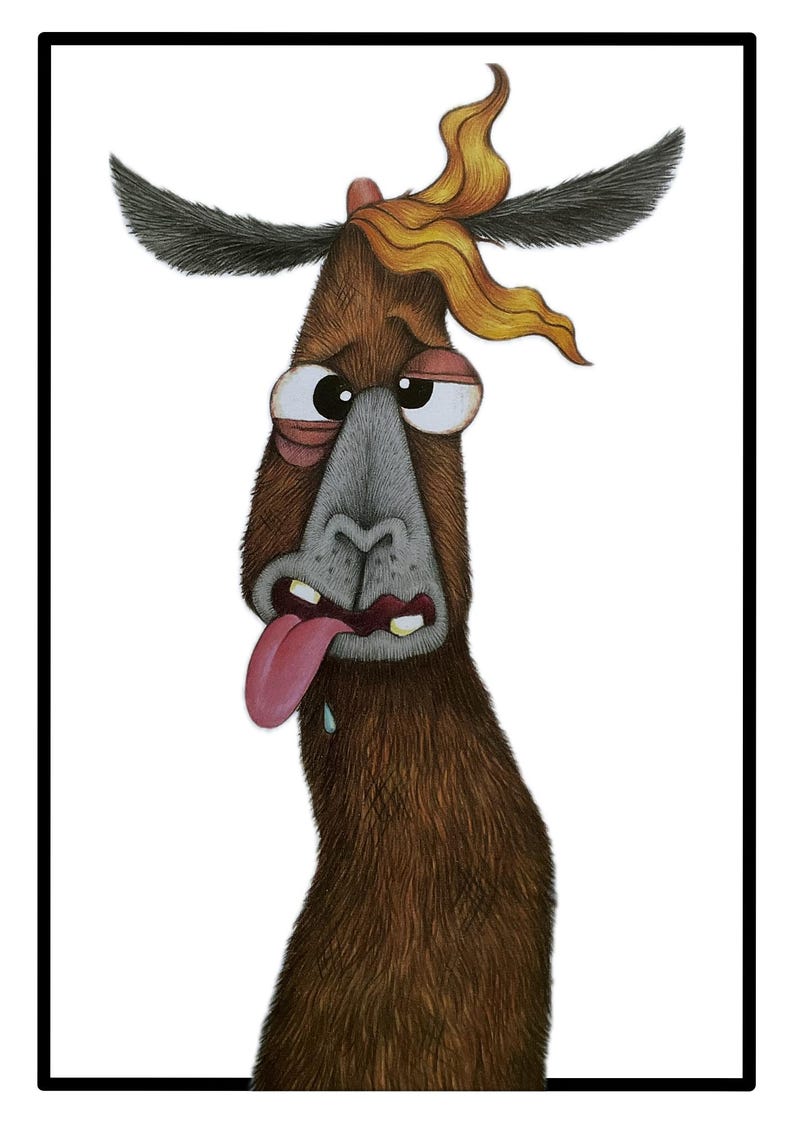 Pode incluir: Ilustra&ccedil;&atilde;o fantasiosa de uma criatura marrom com um rosto comprido, olhos grandes e uma l&iacute;ngua rosa pendurada. A criatura tem orelhas escuras, um nariz cinza e um tufo de cabelo amarelo. A imagem &eacute; emoldurada em preto.