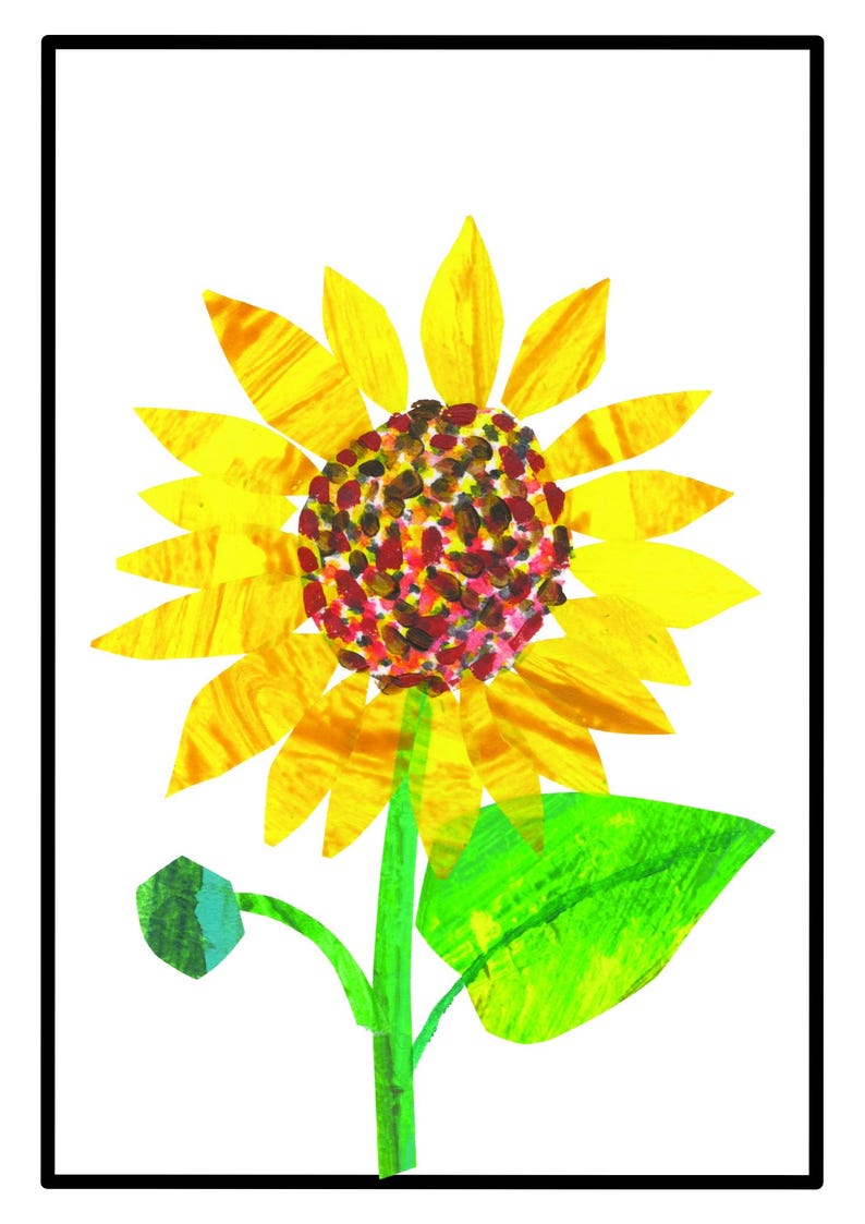 Pode incluir: Ilustra&ccedil;&atilde;o vibrante de um girassol com p&eacute;talas amarelas e um centro castanho. O caule verde sustenta uma folha verde e um bot&atilde;o. A obra de arte &eacute; definida contra um fundo branco e emoldurada em preto.