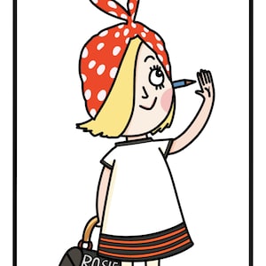 Pode incluir: Ilustra&ccedil;&atilde;o de desenho animado de uma menina usando um len&ccedil;o vermelho com bolinhas, um vestido branco e sapatos laranja. Ela segura um l&aacute;pis e uma bolsa preta com "ROSIE". A imagem tem uma borda preta.