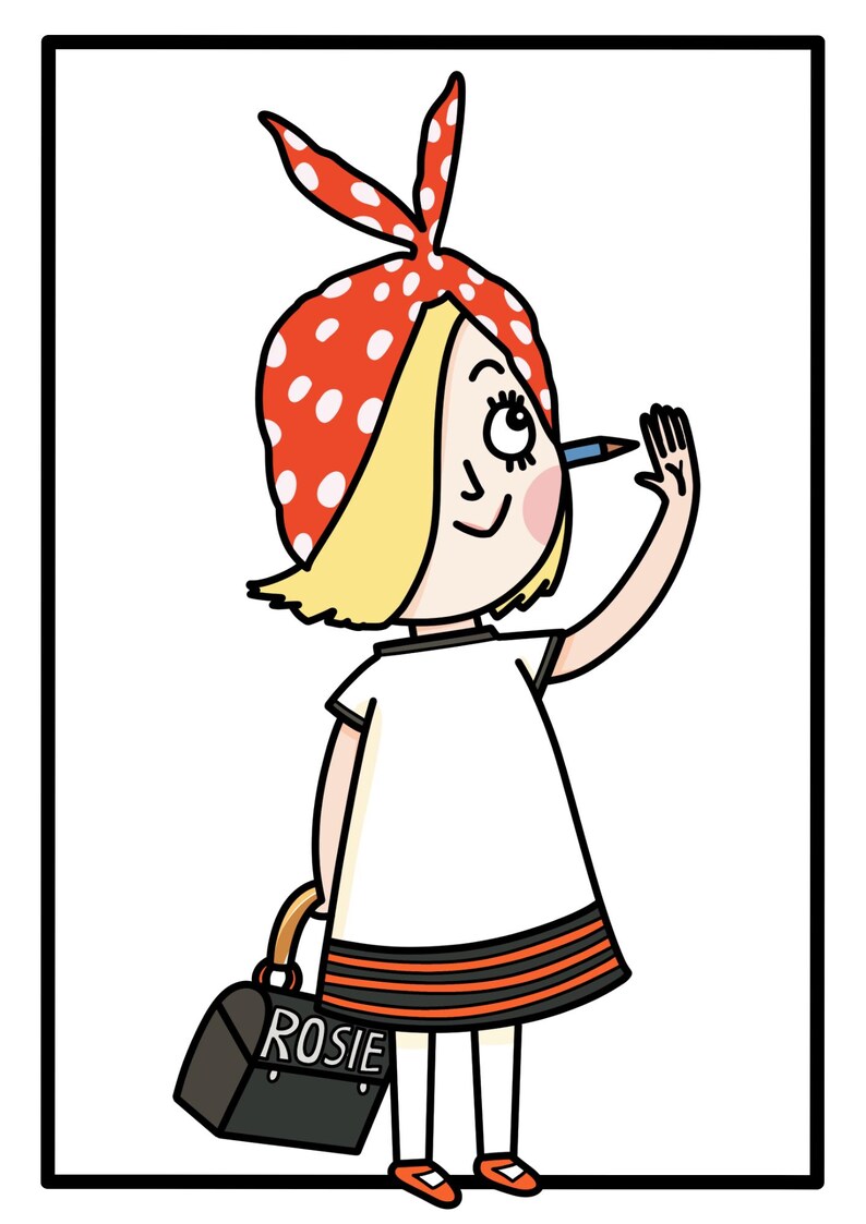 Pode incluir: Ilustra&ccedil;&atilde;o de desenho animado de uma menina usando um len&ccedil;o vermelho com bolinhas, um vestido branco e sapatos laranja. Ela segura um l&aacute;pis e uma bolsa preta com "ROSIE". A imagem tem uma borda preta.