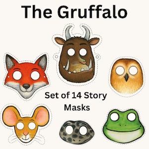 以下が含まれることがあります： 「The Gruffalo」の物語のキャラクターをフィーチャーした14枚のストーリーマスクのセット。マスクには、キツネ、Gruffalo、フクロウ、ネズミ、ヘビ、カエルが含まれます。各マスクは異なる色で、目の穴があります。