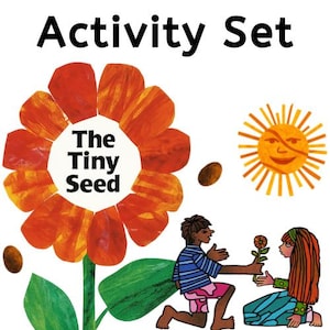 Op de afbeelding: Een geïllustreerde activiteitenset met een grote oranje bloem met de tekst "The Tiny Seed". De afbeelding bevat een lachende zon, zaden en twee kinderen. De woorden "Activity Set" staan bovenaan.