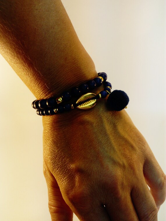 Bohoh Black Stone Beads Cowrie Shell Ribbon Stretch Pulsera Bohoh Black Stone Beads Cowrie Shell Ribbon Stretch Pulsera