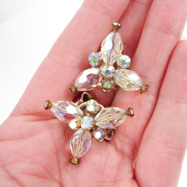 Vintage Crystal Brass Earrings with Retro Aurora Borealis Design from the 1950s by Vogue