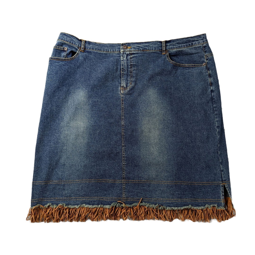Plus Size Vintage Y2k 00s Denim Skirt Curvy Stretchy Fringe Distressed Casual Cute Trendy Womens
