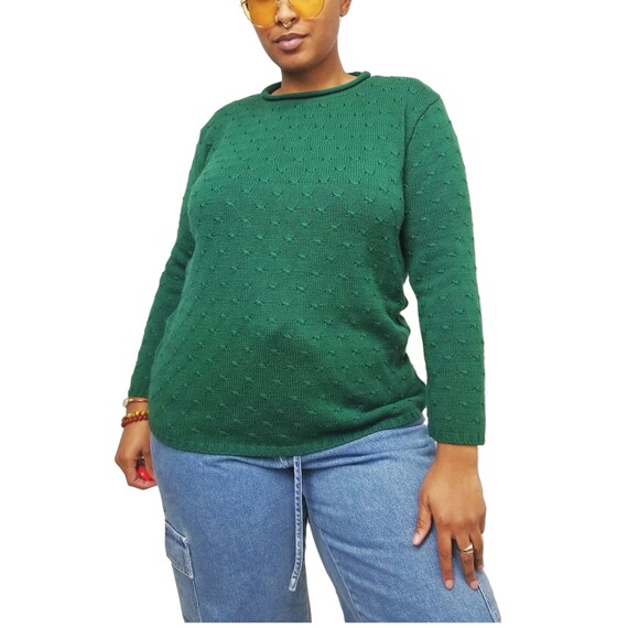 newnostalgiavtg Plus Size Vintage Y2k Green Long Sleeve Pullover Sweater Roll Collar Crewneck St. Patrick's Day Textured Casual Colorful Casual Androgynous