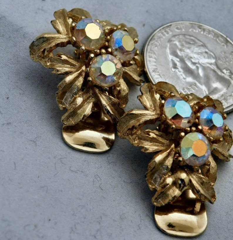 AURORA BOREALIS BLUE Earrings Goldentone Dazzling Rhinestone Gift for Her 901 Clip Vintage Beautiful Austrian Eye Catching Classic