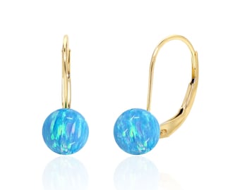 Blue Opal Drop Earrings, Solid 14K Gold, 8mm Lab Created Gemstone