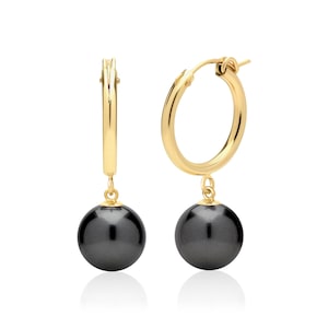 Black Pearl Hoop Earrings in 14K Gold Filled or Sterling Silver, Crystal Pearl Jewelry, 3rd or 30th Anniversary Jewelry Gift for Her