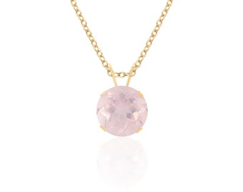 14K Gold Rose Quartz Pendant Necklace, 8mm Round Solitaire