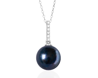 Single Black Pearl Pendant Necklace, Rhodium Plated Sterling Silver, 12mm Round Freshwater Cultured