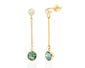 Moss Agate Drop Earrings, 14K Gold Filled, 6mm Round Faceted, Bezel Set