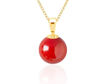 14K Gold Coral Pendant Necklace, 11mm Round Bead, Wide Bail
