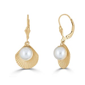 Sea Shell and Pearl Drop Dangle Earrings with Lever Backs in 14K Gold Filled or Sterling Silver, Hawaiian Beach Wedding Earrings