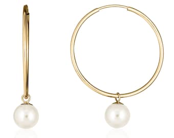 Pearl Hoop Earrings in 14K Gold Filled or Sterling Silver, Medium Endless Hoop Earrings, 30th Anniversary Gift, Graduation Gift for Her