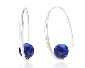 Lapis Lazuli Hoop Earrings in Sterling Silver, Lapis Lazuli Jewelry, Blue Stone Open Hoop Earrings, 9th Anniversary Gift