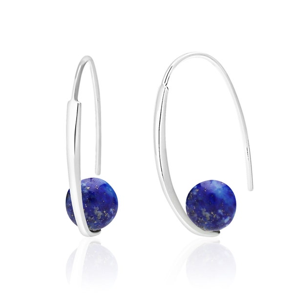 Lapis Lazuli Hoop Earrings in Sterling Silver, Lapis Lazuli Jewelry, Blue Stone Open Hoop Earrings, 9th Anniversary Gift