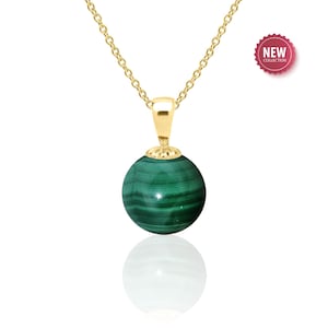 14K Gold Malachite Ball Pendant Necklace – 12 mm Polished Gemstone, Unique Nature-Inspired Jewelry Gift for Her