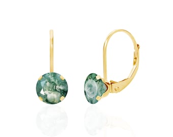 14K Gold Green Moss Agate Earrings, 6mm Round Faceted, Prong-Set Leverback