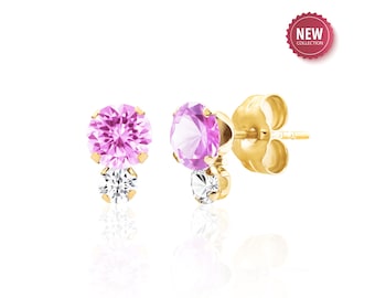 Pink Sapphire Stud Earrings 14K Solid Yellow Gold, Moissanite Accents