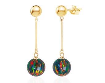 Black Fire Opal Earrings, 14K Gold Filled, 10mm Lab Created Ball Drops