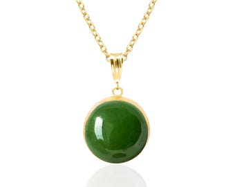 Green Jade Pendant Necklace, 14K Gold Filled, Natural 12mm Round Cabochon