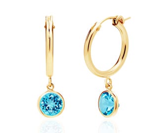 Swiss Blue Topaz Hoop Earrings, 14K Gold Filled, 6mm Charm Drops
