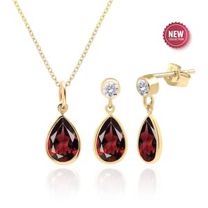 Garnet Necklace and Earrings Set in 14K Gold Filled, Natural Genuine Garnet, January Birthstone, 2nd Anniversary Gift for Her