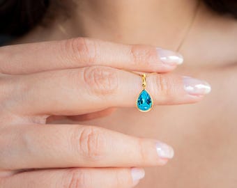 スイスブルートパーズネックレス（14Kゴールドフィルド）、天然ブルー