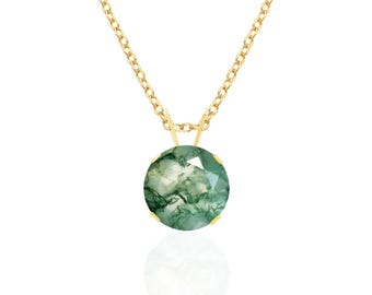 14K Gold Agate Necklace, 8mm Round Faceted Solitaire Pendant