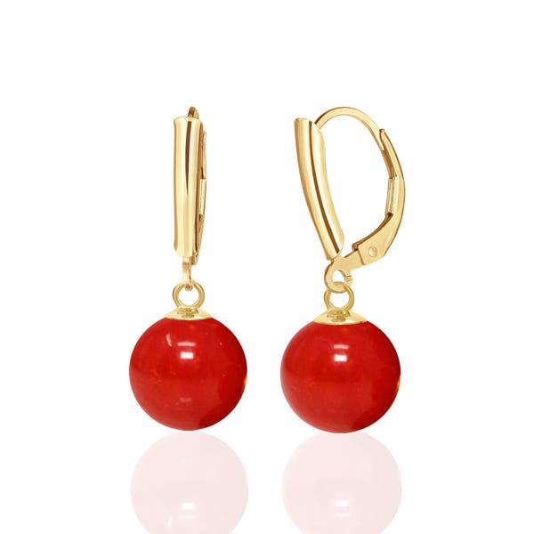 Red Coral Drop Earrings 14K Gold or Sterling Silver