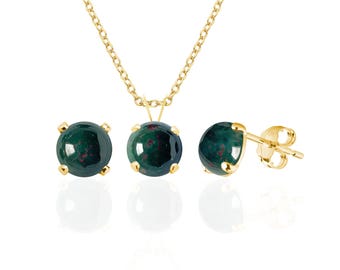 Bloodstone Jewelry Set, Stud Earrings and Pendant Necklace, 14K Gold Filled