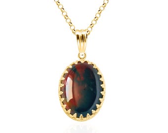 Bloodstone Pendant Necklace, 14K Gold Filled or Sterling Silver, 18x13mm Oval, Vintage Inspired