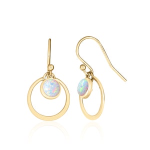 14K gold filled white opal earrings with 6mm lab-created opal drops dangling in a circle frame. Come with comfortable ear wires. Ideal for October birthdays and 14th Anniversaries.