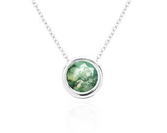 Moss Agate Necklace, Sterling Silver, 8mm Bezel Set Floating Solitaire Pendant