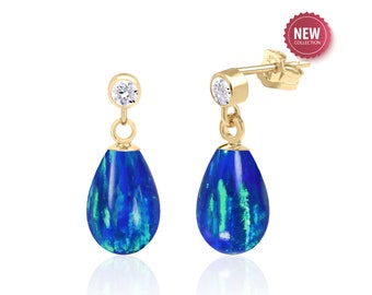 Peacock Blue Opal Earrings in 14K Gold Filled, Opal Jewelry for Women, October Birthstone, 14th Anniversary Gift for Her