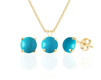 Sleeping Beauty Turquoise Jewelry Set, Stud Earrings and Pendant Necklace, 14K Gold Filled