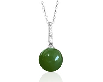 Green Jade Ball Pendant Necklace in Sterling Silver, Genuine Nephrite Jade Jewelry, 12th Anniversary Gift for Her, Mothers Day Gift for Mom