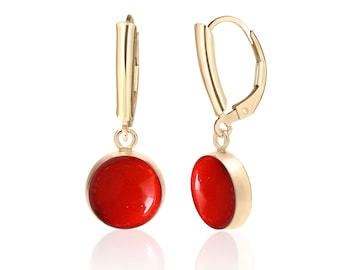 Red Coral Earrings 14K Gold Filled, Red Stone Leverback Earrings for Women,  Dyed Bamboo Coral Jewelry, 35th Anniversary Gifts for Her