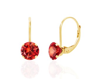 14K Gold Orange Sapphire Earrings, 6mm Round Lab Created, Prong-Set Leverback