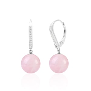 May include: A pair of silver dangle earrings with a pink gemstone and a row of clear cubic zirconia stones on the leverback.