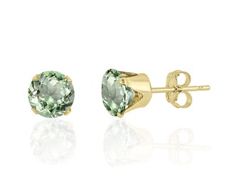 Sage Green Amethyst Stud Earrings 14K Solid Gold / Sterling Silver / 14K Gold Filled, Prasiolite Jewelry, February Birthstone