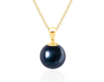 Black Pearl Pendant Necklace, 14K Solid Yellow Gold, 12mm Round Cultured Freshwater Pearl