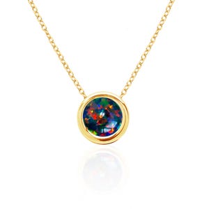 Lab Created Black Fire Opal Necklace, 14K Gold Filled, 8mm Round Bezel-Set Floating Pendant