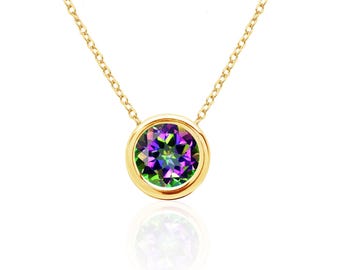 Mystic Fire Topaz Necklace, 14K Yellow Gold, 8mm Bezel-Set Floating Solitaire Pendant