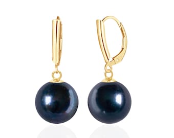 Black Pearl Earrings, 14K Solid Yellow Gold, 12mm Round Freshwater Cultured