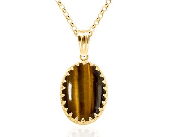 Tigers Eye Pendant Necklace, 14K Gold Filled, 18×13mm Oval Chatoyant Golden Brown