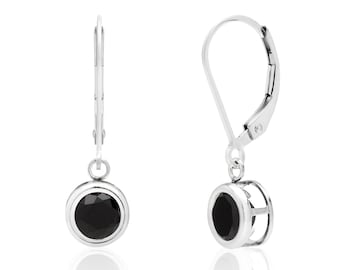 Black Onyx Earrings, Sterling Silver, 6mm Round Bezel-Set Drops